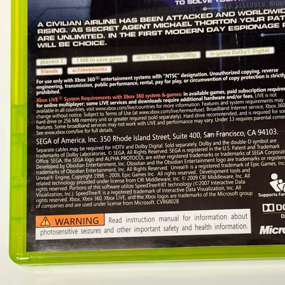 Alpha Protocol The Espionage RPG Xbox 360 Game 17+